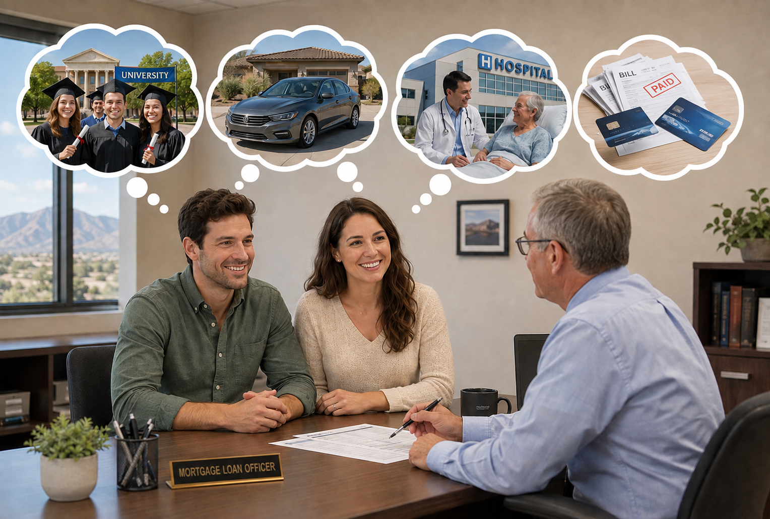 Couple meeting with a mortgage loan officer to discuss cash-out refinance options