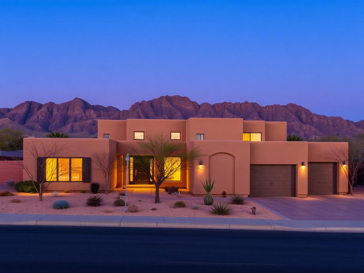 Modern southwestern home in El Paso at dusk